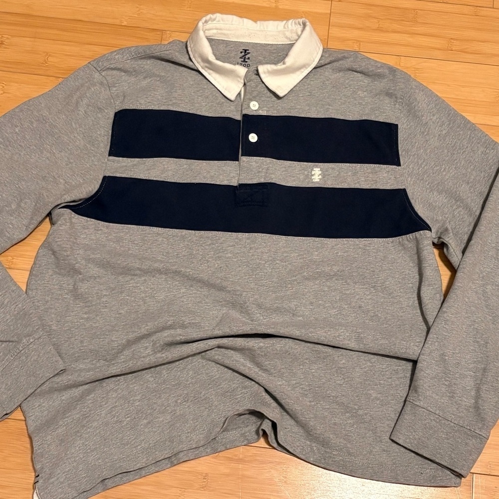 Vintage 90s Heavyweight Gray & Navy Stripe Long-Sleeve Rugby Polo Shirt